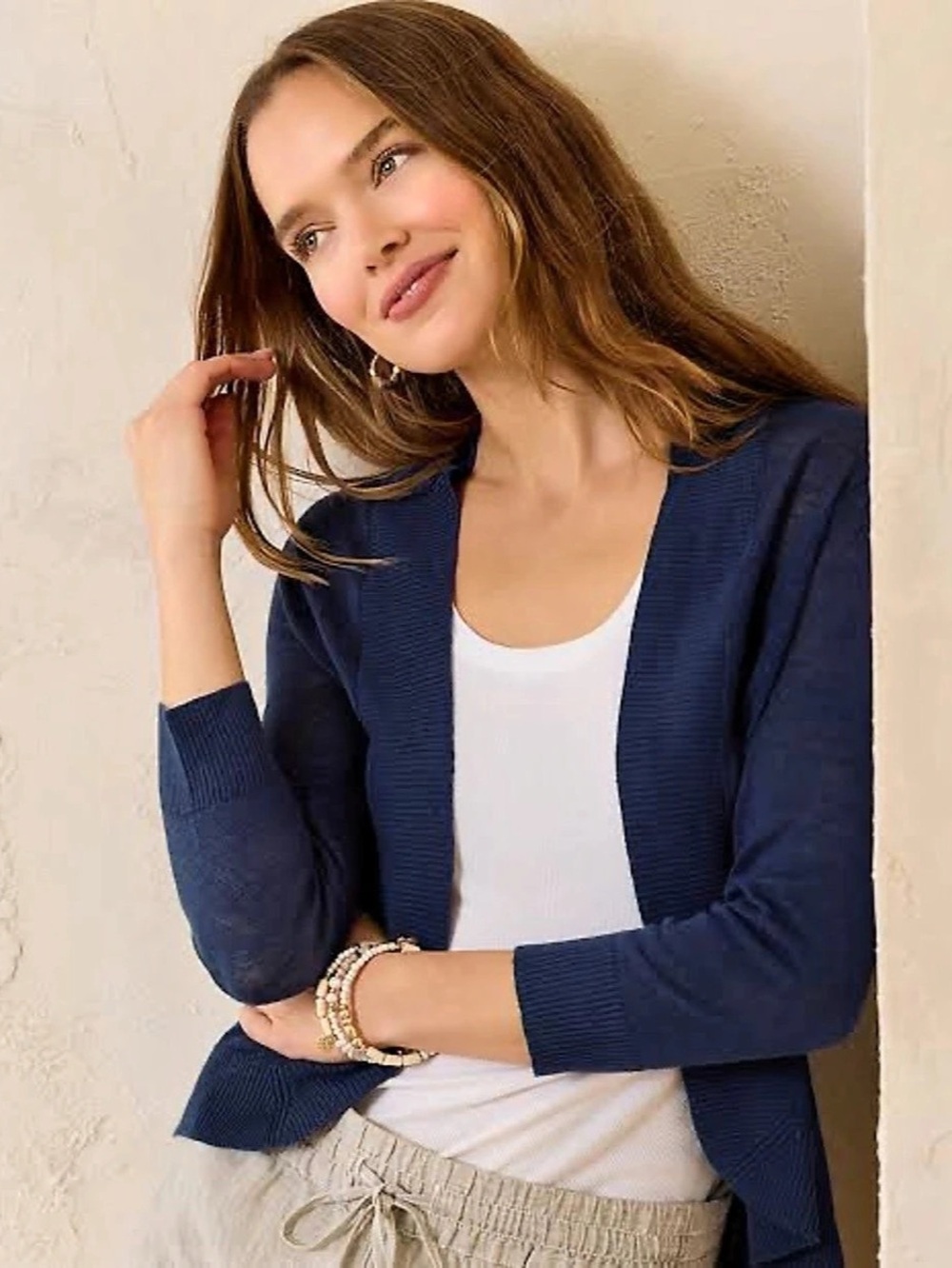 Tommy Bahama Navy Blue Lea Open Linen 3/4 Sleeve Cardigan